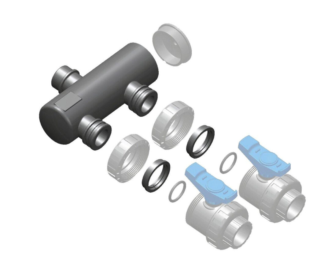 Sběrací potrubí – napojení 63mm lepením,2x přímé napojení ventilu 50mm